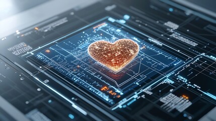 Poster - A radiant glowing heart surrounded by a vibrant pulsating electrocardiogram captured in a sleek dark futuristic setting