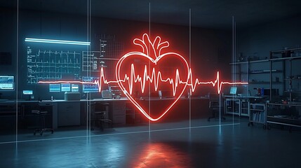 Poster - Luminous glowing heart emitting a soft radiant light with a dynamic pulsing ECG line set against a deep black background evoking a sense of energy life and the vitality of the cardiovascular system