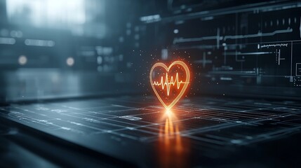 Poster - Pulsating heart with a sharp glowing electrocardiogram line centered on a dark textured background symbolizing the resilience and life force of the cardiovascular system