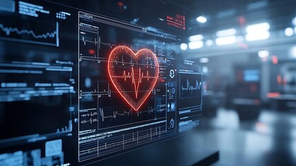 Leinwandbilder - Glowing heart shaped electrocardiogram ECG graphic displayed in a sleek modern and futuristic dark environment representing the intersection of technology medicine and dynamic design