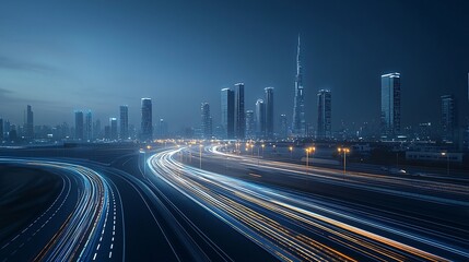 Fototapete - Futuristic smart city design featuring advanced skyscrapers and digital inspired light trails that form a connected network promoting sustainability and urban innovation