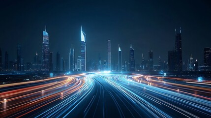 Poster - Futuristic smart city design with advanced skyscrapers and a connected network of digital inspired light trails promoting sustainability and urban innovation