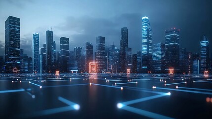 Wall Mural - A visionary depiction of a futuristic smart city skyline featuring sustainable high tech buildings interwoven with glowing circuit light networks symbolizing advanced connectivity innovation