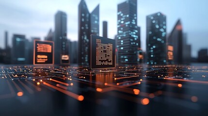 Poster - Visionary smart city displaying a futuristic skyline of sustainable buildings interwoven with glowing circuit light networks symbolizing advanced connectivity and a digital future
