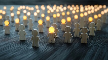 Aufkleber - Glowing wooden figures arranged in orderly rows on top of modern urban buildings symbolizing the concepts of unity diversity teamwork and inclusion within the corporate or professional workspace