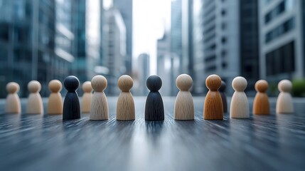 Aufkleber - Glowing wooden figures arranged in symmetrical rows on top of modern architectural buildings symbolizing the unity diversity and collaborative nature of a successful workplace environment