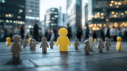 Aufkleber - Glowing wooden figures arranged in rows on top of modern buildings symbolizing unity diversity and inclusion within the modern workplace  The conceptual image represents the growth of an organization