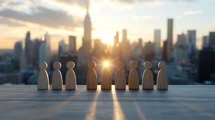 Aufkleber - Wooden Figurines Bathed in Radiant Light Standing on Building Rooftops Portraying a Strong and Diverse Team United in Their Purpose and Vision for Success and Innovation