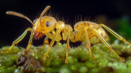 Wall Mural - Macro photograph of an ant crawling on moss, with each tiny hair, leg joint, and eye clearly defined