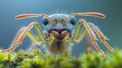 Wall Mural - Macro photograph of an ant crawling on moss