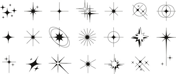 Fototapete - Sparkle stars icon, twinkle star shape silhouette symbols. Minimalist glowing light burst forms, y2k aesthetic cosmic glitter sparkles, magic glint or twinkling effect, boho style elements vector set