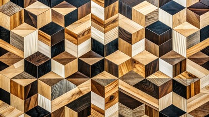Poster - Aerial View of a Stunning Geometric Pattern Created from Diverse Wood Types in Black, White, and Natural Finishes Showcasing Unique Textures and Colors in a Harmonious Design
