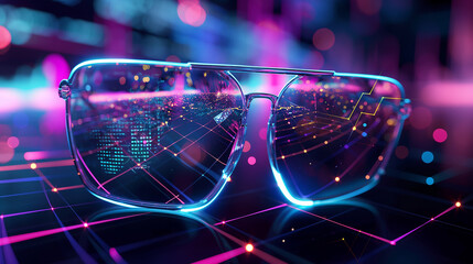 Poster - Augmented reality glasses visualizing AI-driven network diagnostics, displaying live graphs, data patterns, and encrypted nodes over a glowing grid.