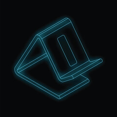  - Glowing neon icon of a smartphone or tablet stand, isolated on black background, representing modern lifestyle and technology