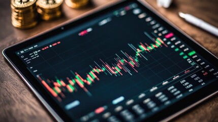 Poster - A close-up view of an interactive stock trading chart on a tablet, showing candlestick patterns and technical indicators in a well-lit environment.