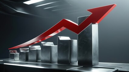 Poster - A sleek, modern bar graph with a rising red arrow symbolizes growth and success in business or finance.