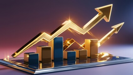 Poster - A dynamic, golden 3D graph with upward trends, symbolizing financial growth and success against a colorful backdrop.