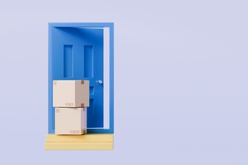 Poster - 3D To Your Door Delivery icon. Minimal Courier delivery package in front blue door. Online Shopping Concept. Fast Delivery, logistic Concept. 3d Deliveries of online orders outside the door. 3d render