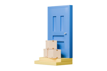 Poster - 3D To Your Door Delivery icon. Minimal Courier delivery package in front blue door. Online Shopping Concept. Fast Delivery, logistic Concept. 3d Deliveries of online orders outside the door. 3d render