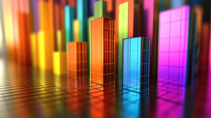 Poster - A conceptual 3D bar graph representing market analysis, with tall, slender bars in vibrant colors and a subtle grid pattern on the background for context.