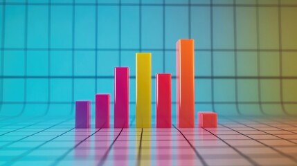 Poster - A conceptual 3D bar graph representing market analysis, with tall, slender bars in vibrant colors and a subtle grid pattern on the background for context.