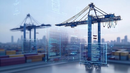 Poster - Futuristic container port with towering cranes a network of communication nodes and 3D data visualizations floating in the foreground against a purple blue toned backdrop