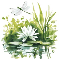 Wall Mural - Watercolor Painting of a White Water Lily, Dragonfly, and Aquatic Plants Reflecting in Calm Water.