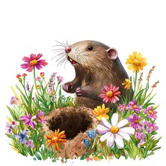 Sticker - Adorable Watercolor Illustration of a Mole Emerging from its Burrow Surrounded by Vibrant Wildflowers.