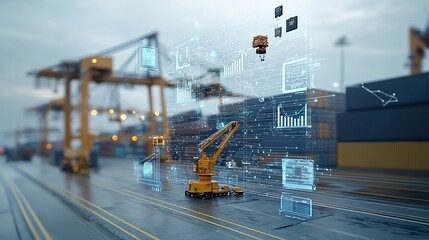 Fototapete - Futuristic container port scene showcasing advanced communication networks floating 3D data visualizations and digital business management tools in a sleek technology driven purple blue color palette