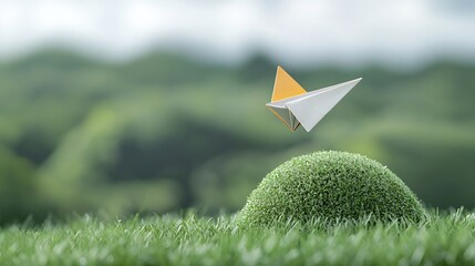 Poster - Close up of a paper airplane gracefully flying above a lush green planet symbolizing the power of renewable energy and sustainable practices to shape a greener more eco friendly future