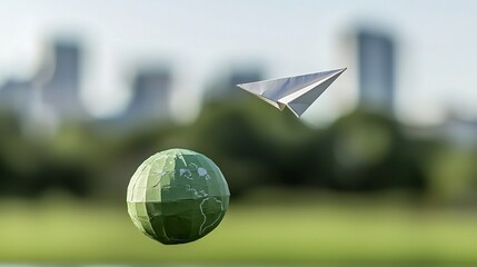 Aufkleber - Close up view of a simple paper airplane flying above a stylized green earth symbolizing renewable energy environmental sustainability and innovative solutions for a cleaner future
