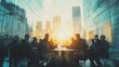 © IQ-Photography - Double exposure business people conference group meeting on city office building in background showing partnership success of business deal. trust and agreement, Concept of teamwork, 4k image