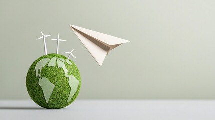 Poster - Paper Airplane Soaring Above a Green Globe Representing Sustainable Energy Sources and Environmental Conservation Efforts