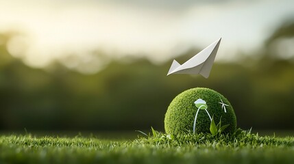 Aufkleber - Paper Airplane Soaring Above Green Globe Showcasing Alternative Energy Sources and Sustainability Efforts for a Cleaner More Efficient Future