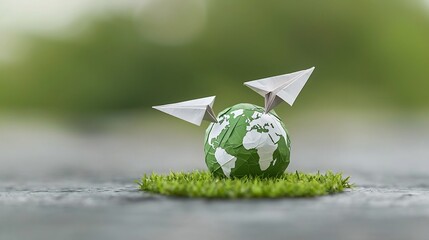 Aufkleber - A paper plane gracefully encircling a green globe symbolizing the promotion of environmental sustainability and the transition to renewable energy sources for a cleaner more eco friendly future