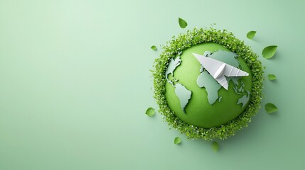 Poster - A paper airplane elegantly circling a green globe symbolizing the innovative and eco friendly solutions for a more sustainable future and development