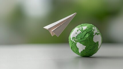 Poster - Close up view of a paper plane gracefully gliding around a green globe symbolizing the concepts of sustainable energy environmental care and global progress towards a greener future