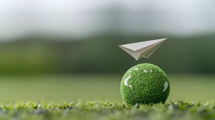 Aufkleber - Close up of a paper plane gracefully flying around a green terrestrial globe visually emphasizing the concept of clean renewable energy and sustainable environmental practices