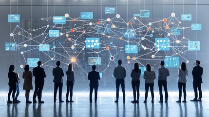 Leinwandbilder - Silhouetted group of professionals standing before a complex digital network with interconnected nodes and interactive floating 3D data visualizations symbolizing the analysis of technology