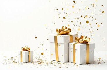 Merry New Year and Merry Christmas 2025 white gift boxes with golden bows and gold sequins confetti on white background. Gift boxes flying and falling 