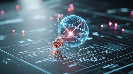 Fototapete - Mesmerizing 3D rendering of physics formulas illuminated by pulsing plasma energy with glowing molecules and sparks in a dynamic contrasting palette of vivid blue and red pink tones  A striking