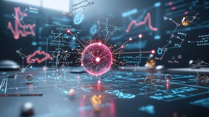 Aufkleber - Stunning digital depicting glowing plasma energy sparks surrounding swirling physics equations and molecular structures in a high contrast neon blue and pink red tone