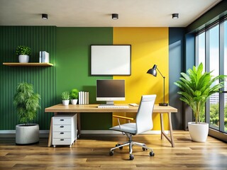 Poster - A Modern Office Space Featuring a Large Desk, Computer, and Mockup Poster for Art Card Design Printing with Ample Copy Space in a Realistic Setting