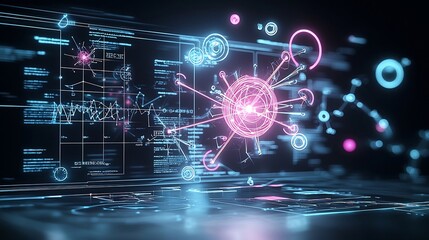 Aufkleber - Striking and futuristic digital featuring neon high contrast physics symbols surrounded by plasma energy sparks and floating molecular structures in a vibrant blue and pink red color palette