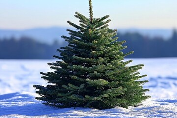 hyper realistic photo of weihnachtsbaum in winterlandschaft, heiligabend hintergrund mit textfreirau