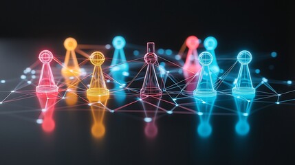 Fototapete - Vivid and dynamic neon network of colorful game pieces connected by glowing lines on a reflective black background creating a futuristic and high tech visual for technology gaming