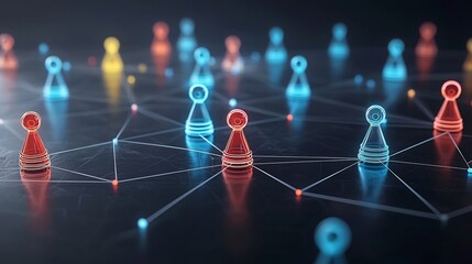 Aufkleber - Futuristic neon network of interconnected game inspired elements in various vivid colors against a sleek black background creating a high tech digital and innovative visual concept