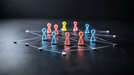 Fototapete - Futuristic neon game pieces connected in a glowing web on a sleek black surface symbolizing the concept of social networking and digital interaction in a modern abstract way