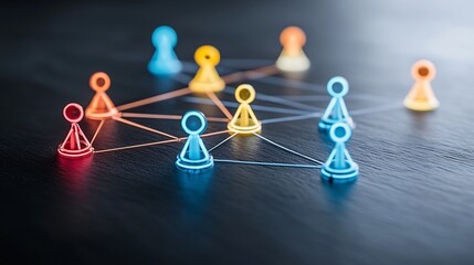 Fototapete - Futuristic neon game pieces connected in a glowing digital web on a sleek black surface symbolizing social networking online interaction and technological innovation