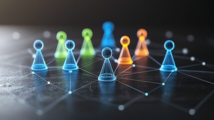 Fototapete - Neon colored game pieces in a vibrant futuristic design connected by glowing lines to create a dynamic digital network on a dark background  This 3D rendered image conveys a sense of technology
